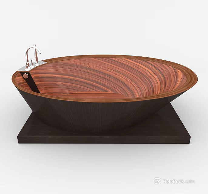 Wooden Oval Bathtub with Modern Design and Wood Grain Faucet 3d model 