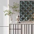 Modern Console Cabinet With Drawers Doors Geometric Wall Decor Potted Plant And Lamp