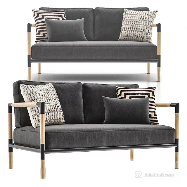 Modern Gray Two Seater Sofa With Striped Geometric Pillows And Wooden Frame Design 3d model 