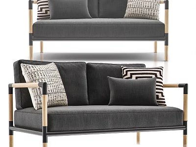 Modern Gray Two Seater Sofa With Striped Geometric Pillows And Wooden Frame Design 3d model