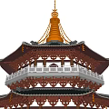 Traditional Multi Tiered Pagoda With Golden Spire Overhanging Eaves And Balconies