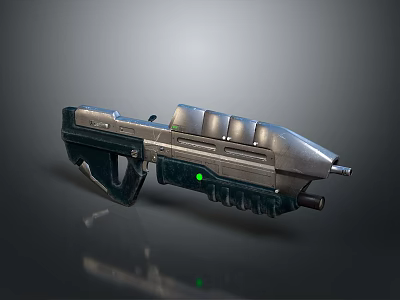 Futuristic Sci Fi Weapon Gun With Metallic Silver Black Body Cylindrical Parts And Green Light 3d model