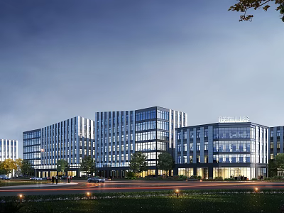 Modern Office Complex Exterior With Glass Curtain Walls And Night Lighting 3d model