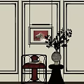 Stylish Single Sofa With Red Cushion And Ceramic Vase Holding Dried Branches By Horse Painting
