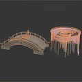 Gray Stone Arch Bridge And Circular Building Models With Purple Lighting