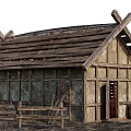 Ancient Traditional Building with Wooden Roof and Beams Surrounded by Fence and Tools