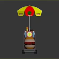 Heavenly Hot Dog Cart With Red Yellow Umbrella Sign And Trash Bin
