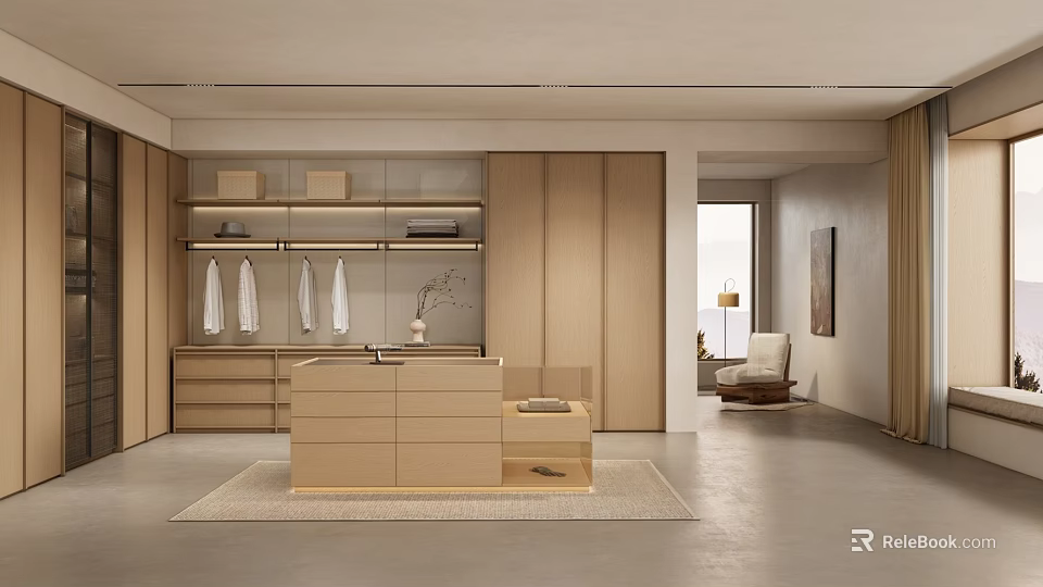 Modern Minimalist Walk in Closet Interior With Wooden Cabinets Drawers Shelves And Hanging Rods 3d model 