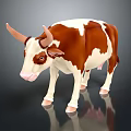 3D Model of Brown and White Cow Standing on Reflective Gray Surface
