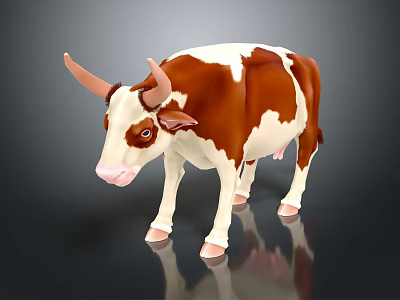 3D Model of Brown and White Cow Standing on Reflective Gray Surface 3d model