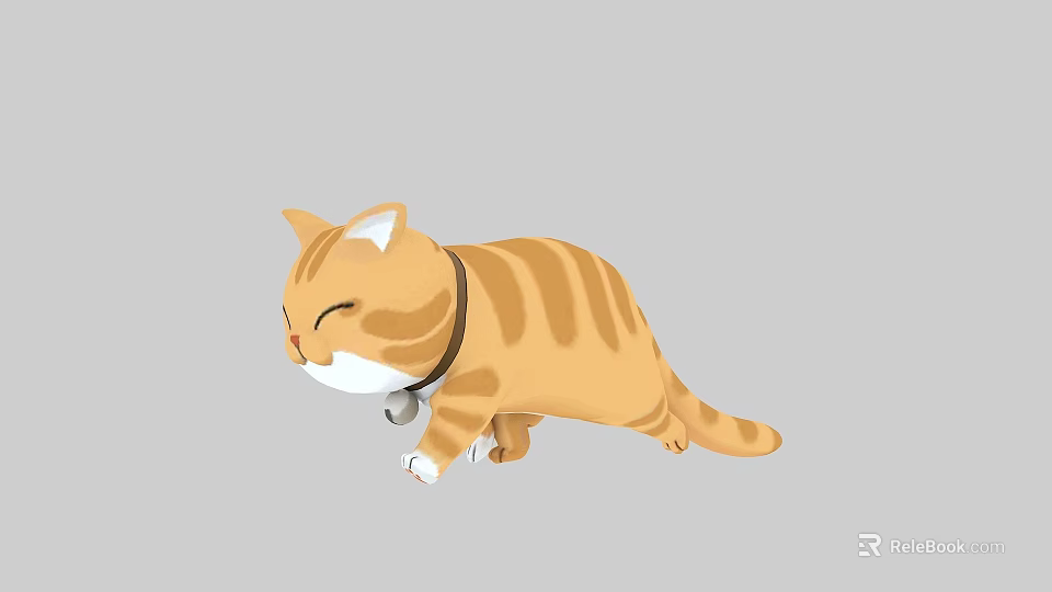Cute Orange Tabby Cat Stretching With Closed Eyes Wearing Collar And Bell Against Gray Background 3d model 