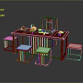 Modern Chinese Style Red Furniture Set With White Stools And Tea Decor