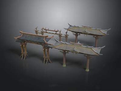 Traditional Chinese Architectural Structures With Ornate Wooden Archway And Pavilion Curved Roofs 3d model