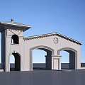 European Style Entrance Gate With Stone Wall Red Roof Tower And Arched Doorways
