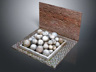 Wooden Plank And Stone Display With Decorative Stone Balls On Tiled Floor 3d model