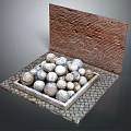 Wooden Plank And Stone Display With Decorative Stone Balls On Tiled Floor