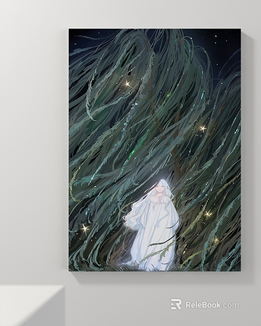 Person in White Robe Figure Painting with Green Swirling Lines Sparkling Lights Dark Background 3d model 
