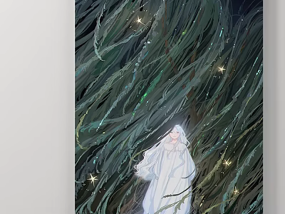 Person in White Robe Figure Painting with Green Swirling Lines Sparkling Lights Dark Background 3d model