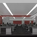 Modern Public Office Space With Desks Computers Office Chairs And Red Accent Wall