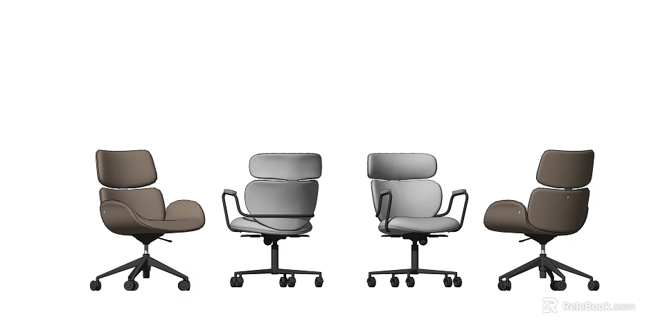 Modern Office Chairs in Brown and Gray with Swivel Wheels and Different Designs 3d model 