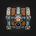 Fantasy Wooden Treasure Chest With Eye Shaped Lock And Blue Glowing Runes