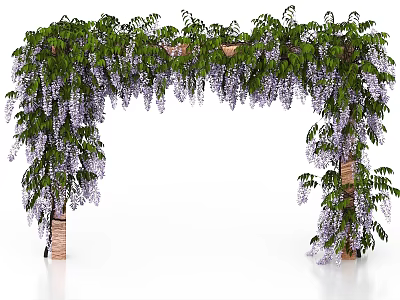 Decorative Wisteria Vines Arch With Purple Flowers Green Leaves And Wooden Pillars 3d model