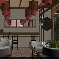 Traditional Chinese Restaurant Interior With Wooden Tables Chairs Flower Decorations And Traditional Decorative Paintings