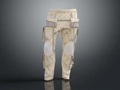 Beige Cargo Style Trousers With Multiple Pockets Knee Pads And Chain Details 3d model