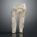 Beige Cargo Style Trousers With Multiple Pockets Knee Pads And Chain Details