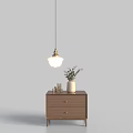 Modern Wooden Nightstand Design With Two Drawers Vase Green Plants Small Jars And Hanging Lamp