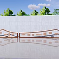 Modern Feature Wall With White Textured Surface Orange Curved Accents Trees Sky And Ground Reflection