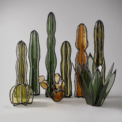 Glass Cactus Shaped Potted Plants With Green Orange Transparent Colors Various Shapes On White Background 3d model