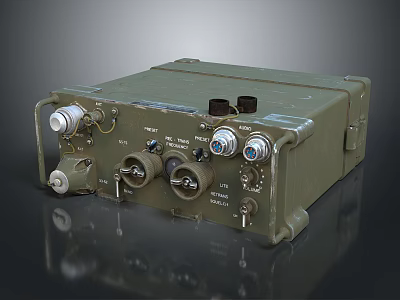 Vintage Military Radio Transceiver With Green Metal Housing Control Knobs Switches And Connectors 3d model