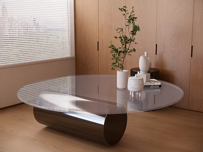 Oval Glass Top Coffee Table With Metal Base Plant Vase And Books Near Wooden Cabinets 3d model