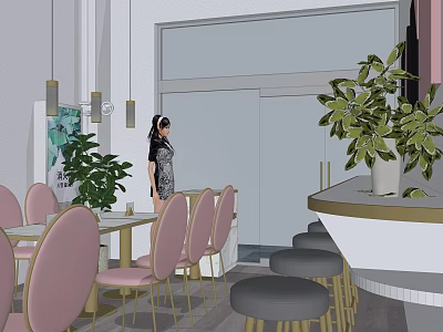 Modern Milk Tea Shop Interior Design With Pink Chairs Gray Stools And Green Plants 3d model
