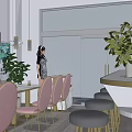 Modern Milk Tea Shop Interior Design With Pink Chairs Gray Stools And Green Plants