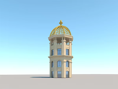Classical Beige Tower Exterior With Golden Dome Spire And Ornate Windows 3d model