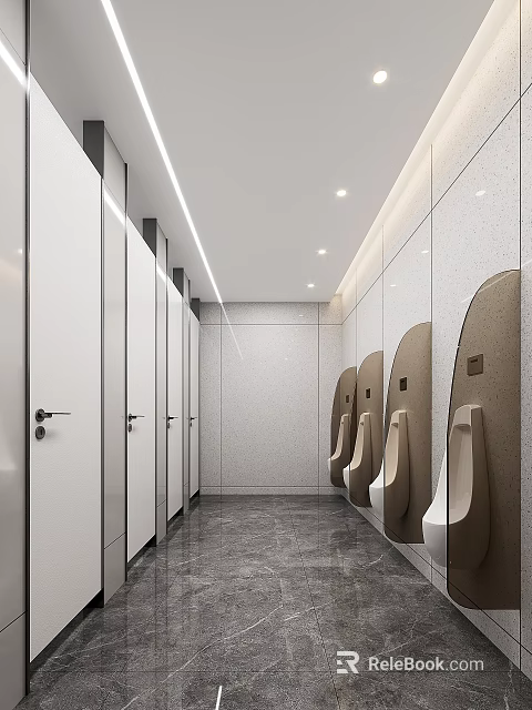 Modern Public Restroom Interior With Urinals Partitioned Stalls And Lighting 3d model 