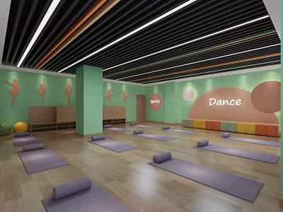 Bright Dance And Yoga Studio With Green Walls Purple Mats For Fitness Practice 3d model