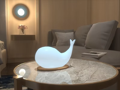 Whale Shaped White Decorative Lamp on Marble Coffee Table in Modern Living Room with Sofa 3d model