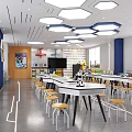 Modern School Classroom With White Tables Yellow Chairs Hexagonal Lights And Smart Whiteboard