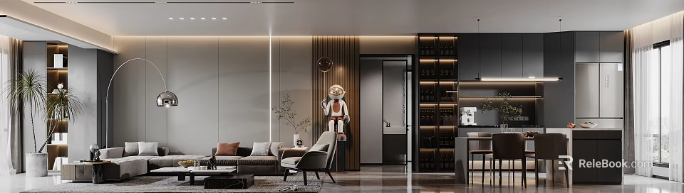 Modern Living And Dining Room Interior With Sofa Armchair Astronaut Decor And Wine Rack 3d model 