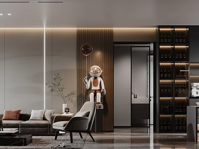 Modern Living And Dining Room Interior With Sofa Armchair Astronaut Decor And Wine Rack 3d model