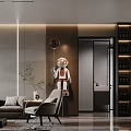 Modern Living And Dining Room Interior With Sofa Armchair Astronaut Decor And Wine Rack