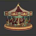 Vintage Carousel with Red White Canopy And Golden Decorated Wooden Horses