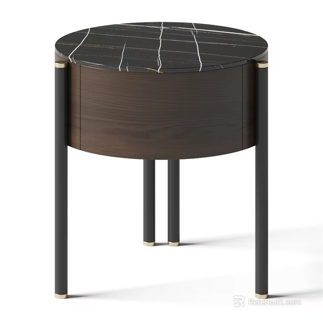 Elegant Round Cabinet With Black Marble Top Dark Wood Body And Metal Legs 3d model 