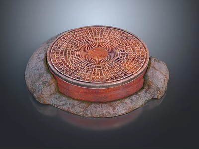 Circular Manhole Cover Featuring Intricate Geometric Pattern On Rustic Stone Base 3d model