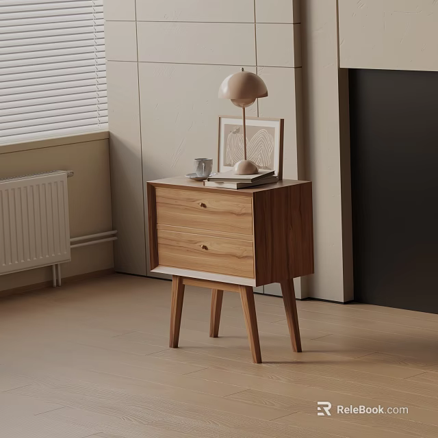 Wooden Bedside Table With Drawers And Lamp In Minimalist Bedroom 3d model 