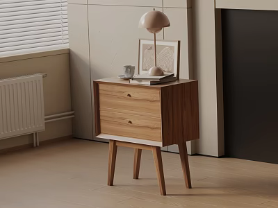 Wooden Bedside Table With Drawers And Lamp In Minimalist Bedroom 3d model