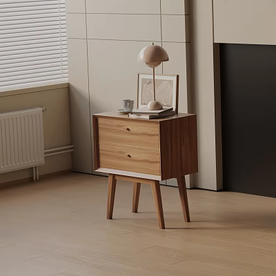 Wooden Bedside Table With Drawers And Lamp In Minimalist Bedroom 3d model